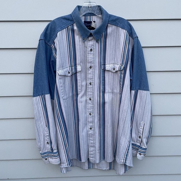 VTG Wrangler Shirt Blue Denim Stripe Brushpopper Western X-Long Tails 17.5/35 XL - Picture 3 of 12